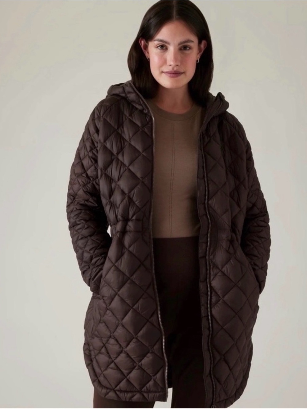 🤎Athleta Whisper Featherless Puffer Parka Dark Brown Quilted Adjustable Waist XL